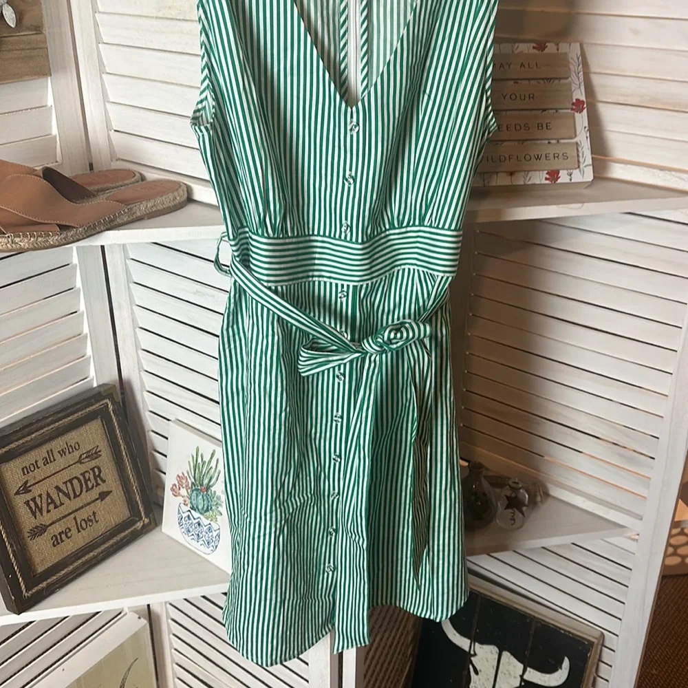 BB Dakota Green and White Striped V Neck Dress With Belt - Picture 2 of 7